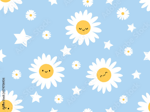 Seamless pattern with chamomiles daisy flower and hearts on blue background vector. Cute cartoon character.