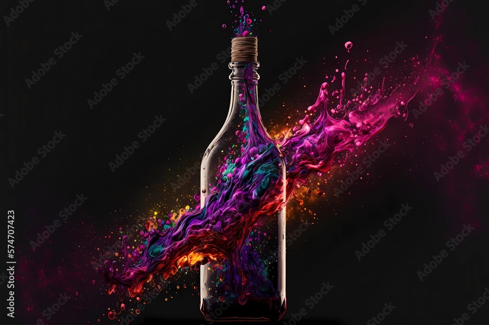 Bottle of wine ink explode as opening excitement celebration winery