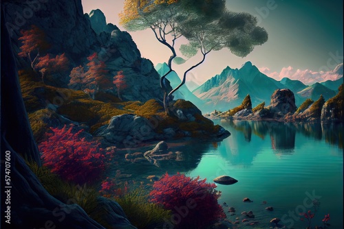 Nature Illustration, Mountain and Tree besides lake. Generative AI © CREATIVE STOCK