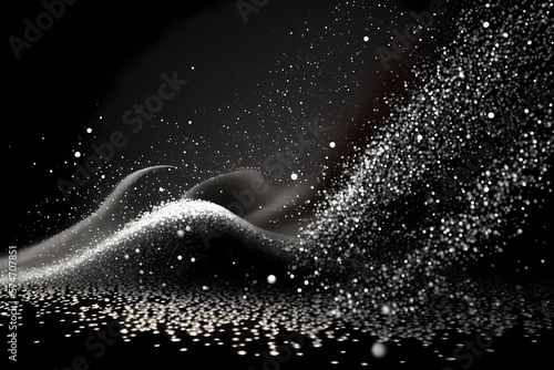 Black and white silver or metal particles background. Glitter shimmer light and shine light ray particles with bokeh effect. Abstract dust particle festive overlay burst design scene. Generative AI
