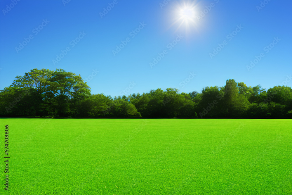Papel de parede gramado verde plano com árvores e céu azul e sol - obrazy, fototapety, plakaty 