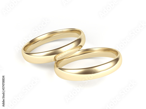 Two gold wedding rings isolated on white background. 3d illustration.