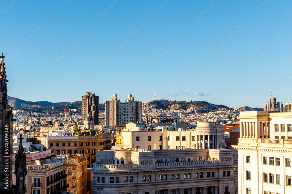 View at the center of Barcelona from the roof of the cathedral in the Gothic Quarter in Barcelona, Catalonia, Spain, Europe