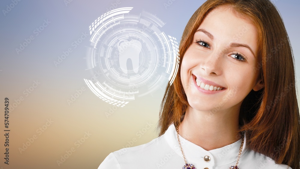 Young happy woman and teeth image on background