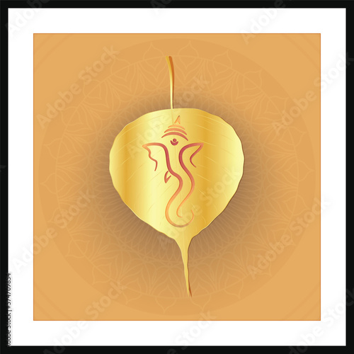 golden leaf ganpati conceptual design for pooja room decor, banner, card, poster and Hindu festival ganesh chaturthi. peepal leaf ganesha. photo