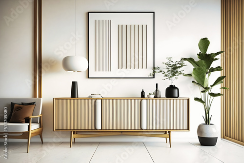 Interior design idea of modern living room with beige sideboard over white wall with wooden paneling. Contemporary room with dresser. Home design with poster - Generative AI