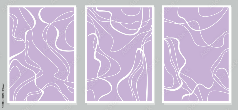 Set of stylish templates with abstract shapes and lines on lilac color
background. Vector illustration in a minimalist style.
