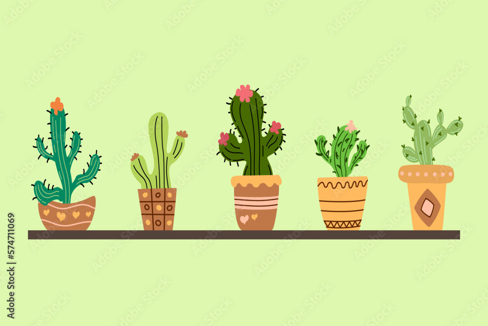 Vector illustration, doodle style, kawaii, hand drawn, set of colored cacti, on a warm light green background. Cacti on a stand. Print for textiles, web design, social networks. ,packing,holiday,woman