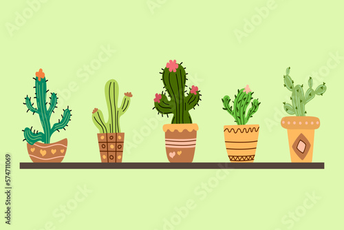 Vector illustration, doodle style, kawaii, hand drawn, set of colored cacti, on a warm light green background. Cacti on a stand. Print for textiles, web design, social networks. ,packing,holiday,woman