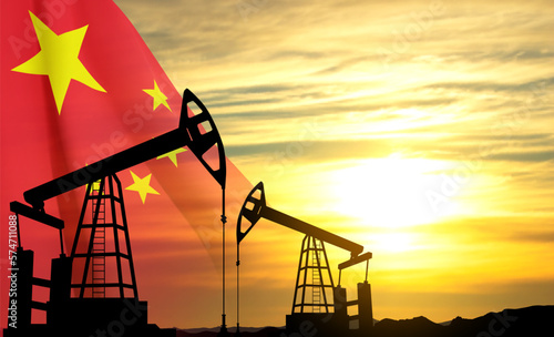 Silhouette of Oil pump. Industrial machine for petroleum on background of sunset. China Oil Industry concept. EPS10 vector