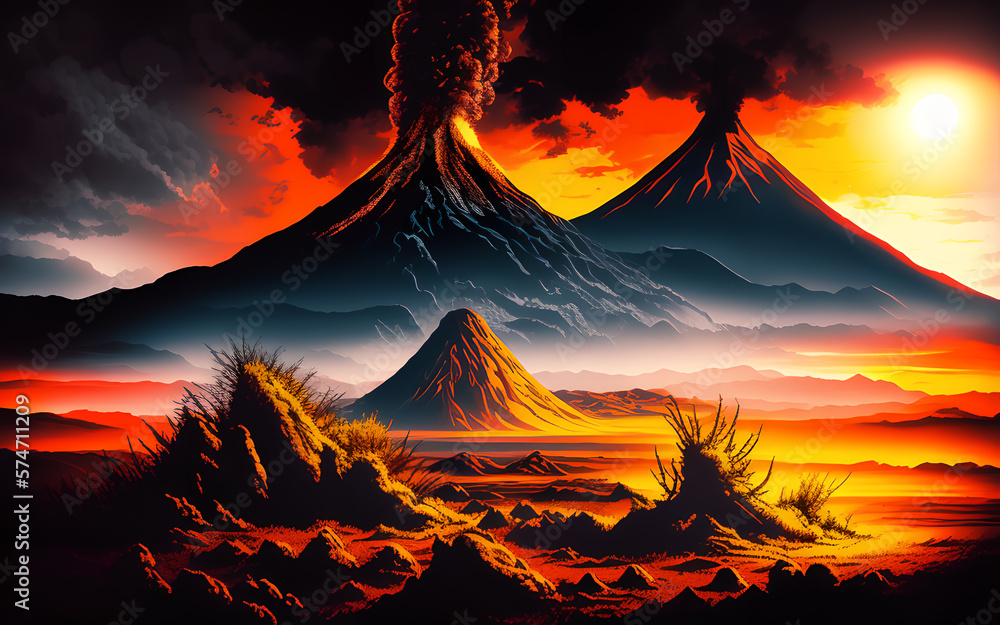Prehistoric landscape with volcano at sunset. Generative Al Illustration.