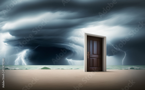 View through the door onto beach in the heavy storm. Generative Al Illustration.