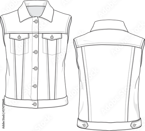 Women's Blank Sleeveless denim jacket vest flat sketch fashion design mock-up template