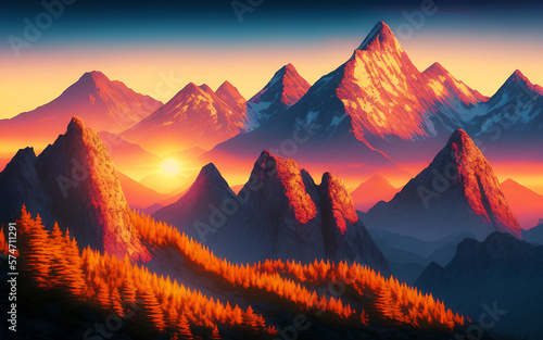 Prehistoric landscape with volcano at sunset. Generative Al Illustration. © Radomir Rezny