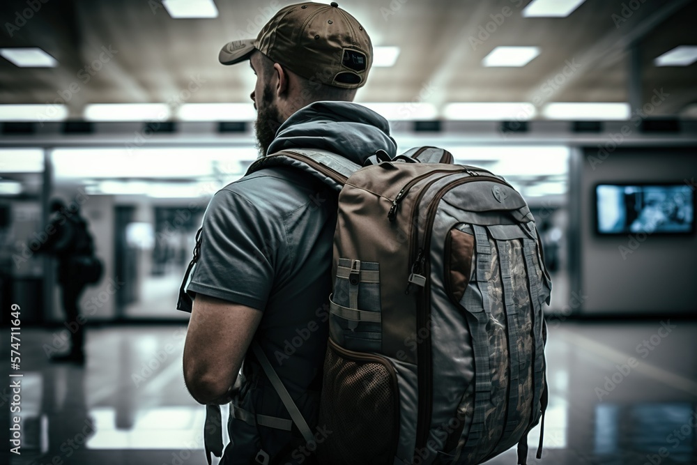 Man back view with backpack waiting for his flight in the airport. Generative AI Man back view with backpack waiting for his flight in the airport. Generative AI