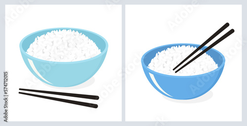 Rice bowls with chopsticks on white backgrounds vector illustration.
