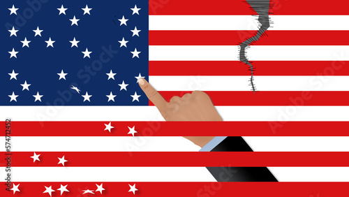 Fotografie Rebuilding and fixing a divided USA is illustrated in this 3-D image of a hand replacing stars that are falling from the American flag