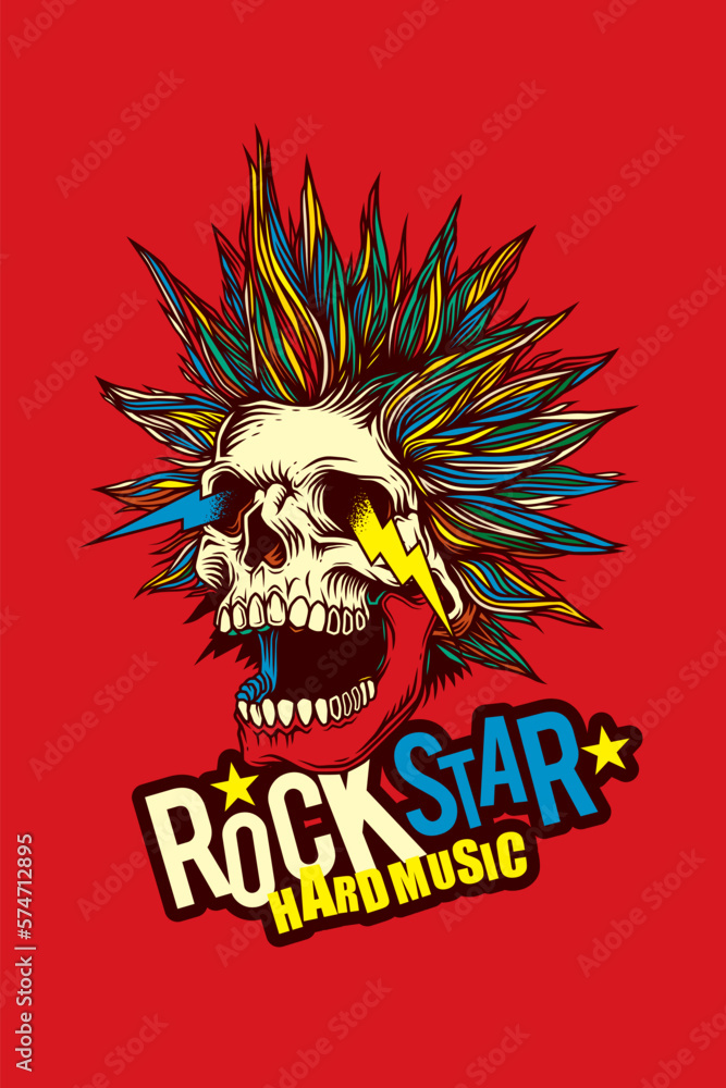 Abstract vector illustration. A crazy skull with a crazy hairstyle with sparks from the eyes. T-shirt design, stickers, print.