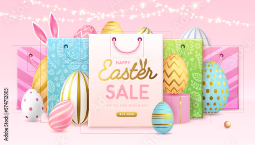 Happy Easter typography big sale poster with colorful easter eggs and shopping bags. Greeting card or poster. Vector illustration