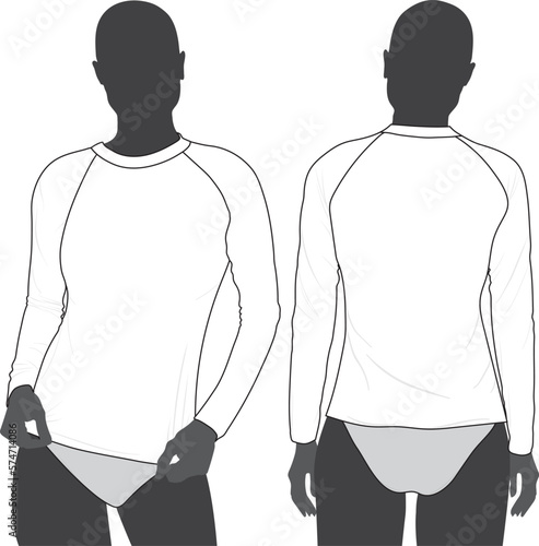 Women raglan rash guard swimwear fashion flat sketch model template technical illustration	