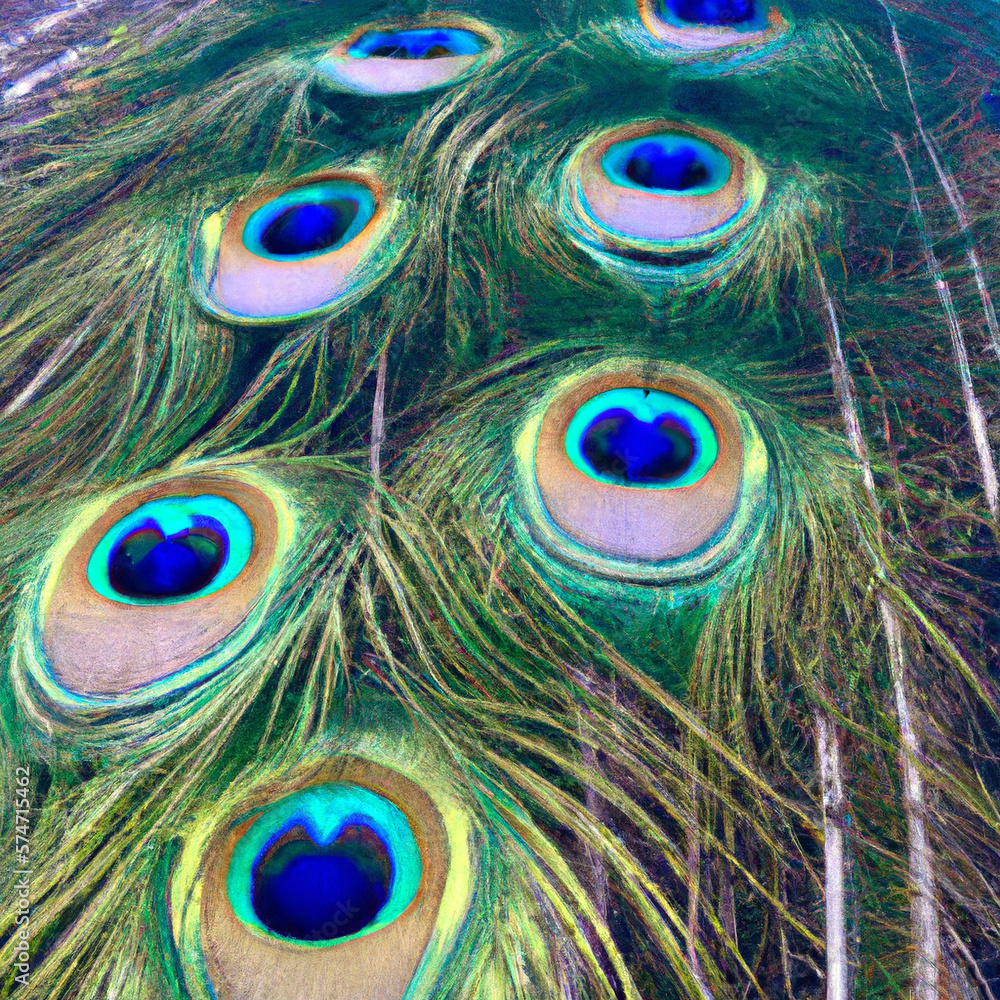 Fototapeta premium closeup green and Blue peacock feathers in closeup, 