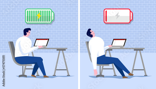 Burnout. Professional burnout syndrome. Tired man manager with full and low energy battery working on computer in workplace.Emotional burnout. A tired worker is sitting at the table.