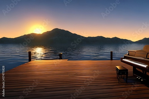 Piano Sitting On A Dock At The Sunset. Beautiful Scenery. Instrument. Generative AI