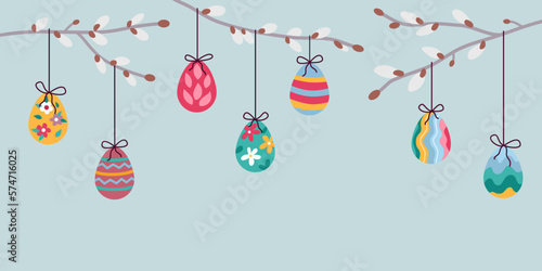 Easter eggs hang on pussy-willow branches on a gray-blue background. Flat style illustration
