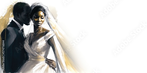 African American bride and groom showing affection. White space on the right for adding information. Created with generative AI technology.