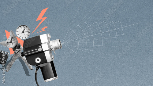 antique movie camera and diagrams showing the focal lengths of different types of lenses. Story telling concept and crew in film industry.Abstract art collage.