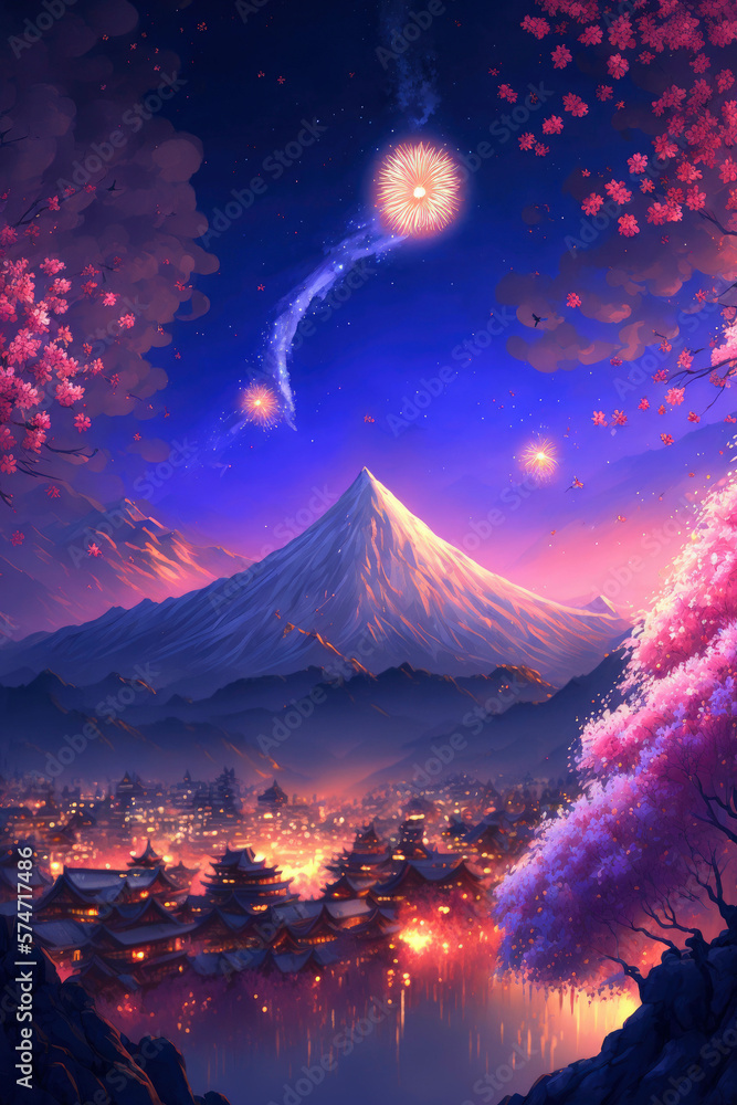 Φωτογραφία Tour and travel advertising, postcard, pink mount Fuji in Japan ,made with Gener