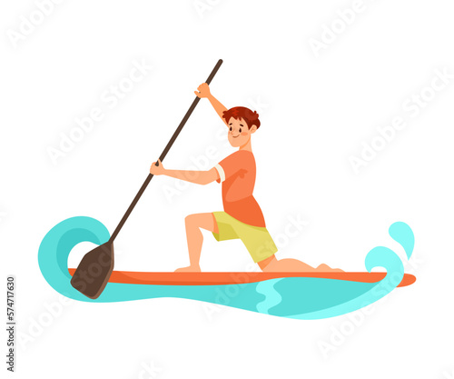 Man Character Standup Paddleboarding with Turquoise Wave Doing Water Sport Activity Vector Illustration