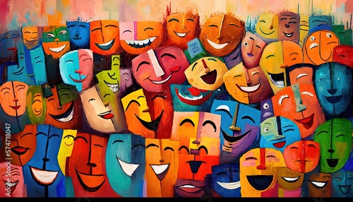 paint like illustration of many happy face smile together, idea for artistic background wallpaper, Generative Ai