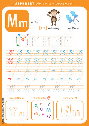 M letter handwriting practice worksheet. Alphabet letter tracing worksheet for kids with games and bright illustrations. Learning alphabet activity page. Printable template.