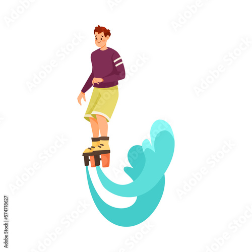 Man Character Flyboard with Turquoise Wave Doing Water Sport Activity Vector Illustration