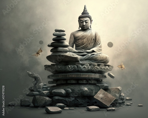 Buddha statue on stones, zen landscape. Generative AI.