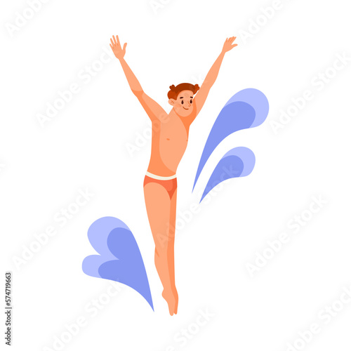 Man Character Jumping for Diving Doing Water Sport Activity Vector Illustration