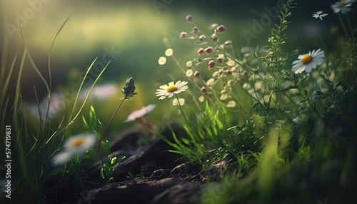 soft focused illustration of natural wild flower field, idea for spring background wallpaper, Generative Ai