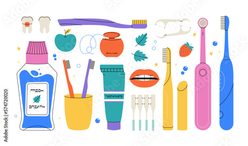 Mouth cleaning tools. Dental care equipment toothpaste toothbrush, teeth protection hygiene concept. Vector cartoon set