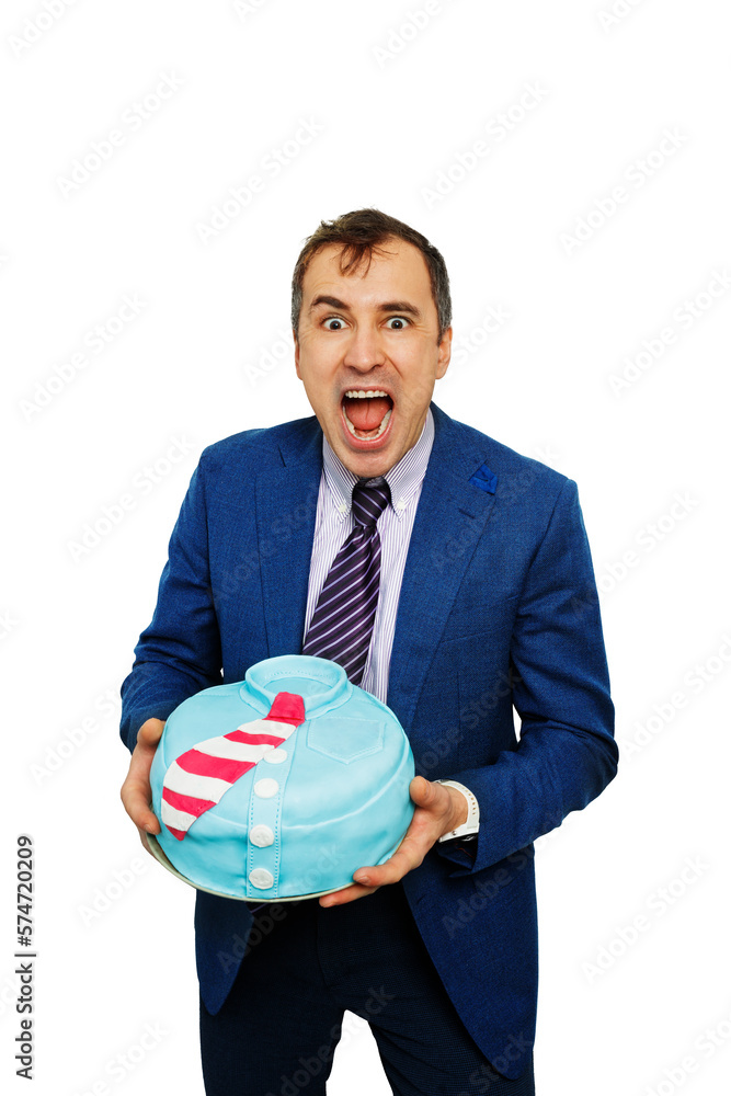 White collar worker with crazy face hold cake in form of shirt White collar worker with crazy face hold cake in form of shirt