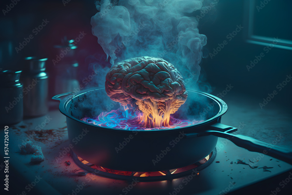 Brains baked in a frying pan on the kitchen stove. The concept of overexertion, stress and psychological problems with the head, disorder, psychiatrist. Generative AI - obrazy, fototapety, plakaty 