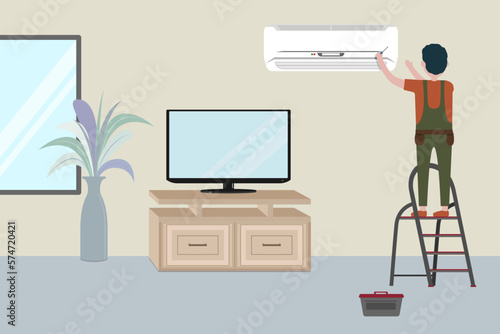 The master installs or repairs the air conditioner, standing on the stairs in the room or office, living room with TV, vector illustration