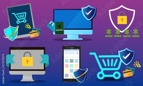 conjunto de Ilustraciones sobre seguridad web y compras seguras