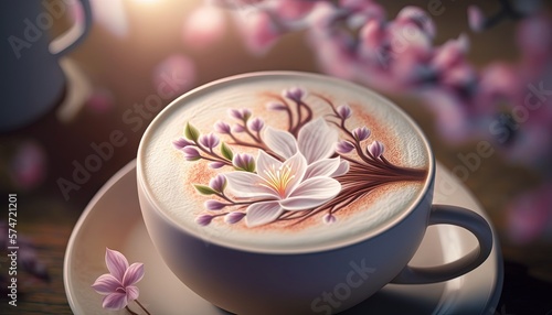 illustration of latte art cup on wooden table, coffee shop background, Generative Ai 