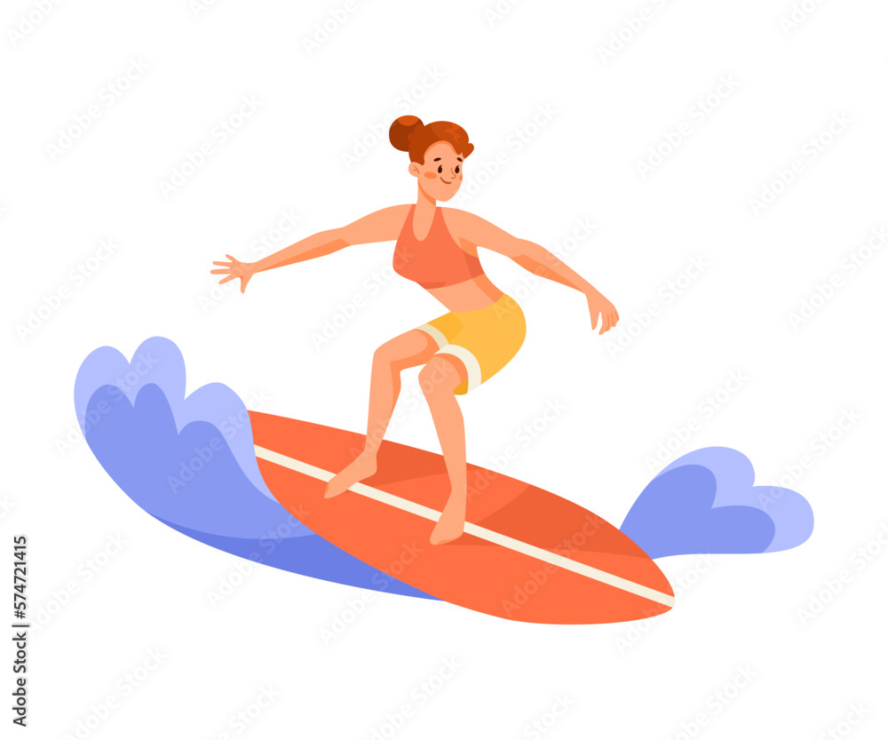 Woman Character Riding Wave on Surfboard Doing Water Sport Activity Vector Illustration Woman Character Riding Wave on Surfboard Doing Water Sport Activity Vector Illustration