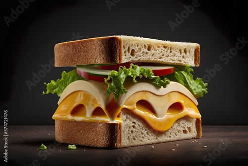 Ham and vegetable sandwich with cheese, 3d illustration on a black background created by generative AI photo