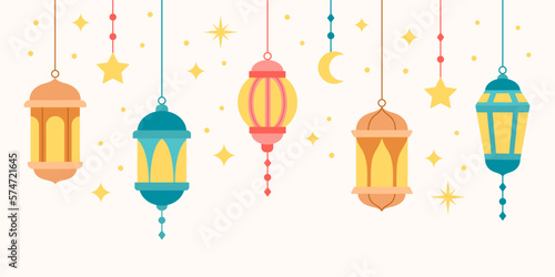 Traditional eastern lantern collection. Arabic muslim colorful hanging lamps, crescents and stars. Vector illustration