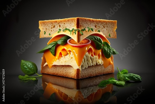 Ham and vegetable sandwich with cheese, 3d illustration on a black background created by generative AI photo