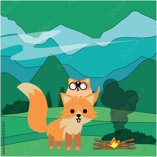 Fox and Cat in the Forest Illustration