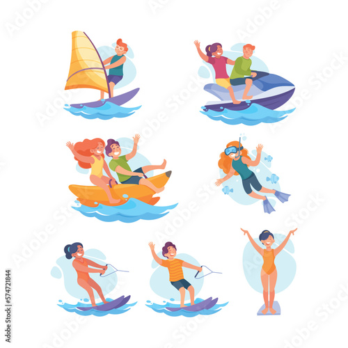 Funny Children Doing Water Sport Activity Vector Set